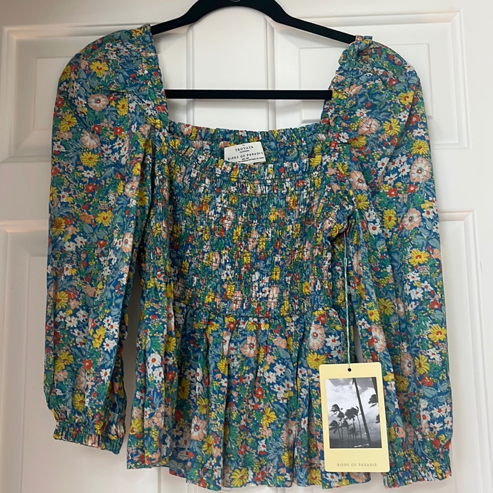 NWT Tuckernuck Floral Smocked Blouse - Blue and Yellow